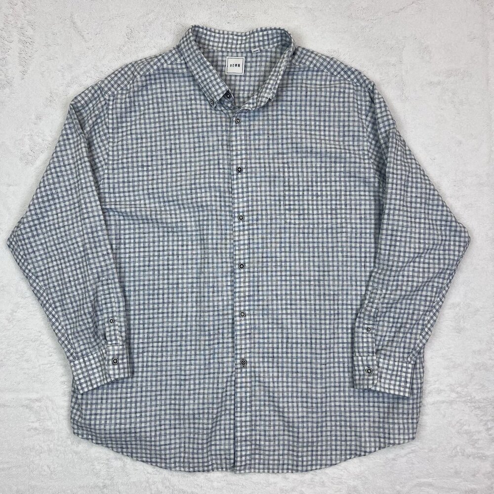 ROWM‎ Shirt Mens 3XB Blue Check Plaid Long Sleeve Button Up Preppy Casual